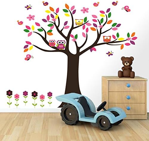 DEKOSH Nursery Decor Flowers Tree Wall Decal for Kids Playroom Decoration | Large Baby Room Butterfly Birds Owl Sticker