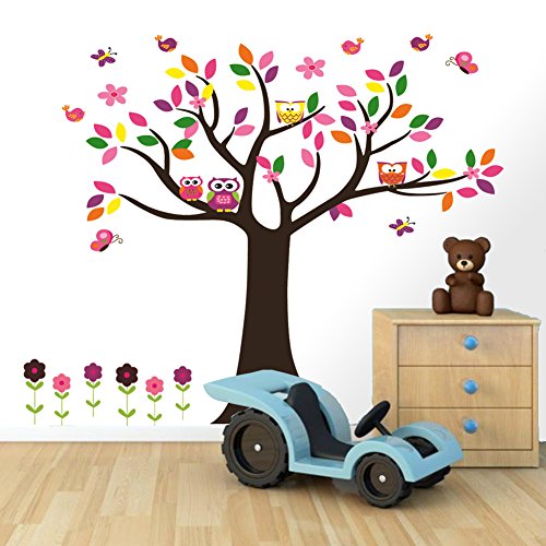 DEKOSH Nursery Decor Flowers Tree Wall Decal for Kids Playroom Decoration | Large Baby Room Butterfly Birds Owl Sticker