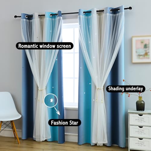 Image of Anytime Double Layer Dreamy Star Blackout Curtain 1 Panel W52 x L80,Blue