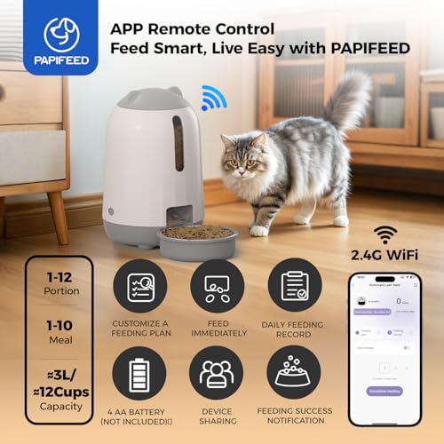 PAPIFEED Automatic Cat Feeder, 2.4G WiFi Auto Cat Food Dispenser with App Control, 3L Auto Pet Feeder with Dual Power Supply, Detachable for Easy Clean for Cats and Small Dogs, Grey - Image 4