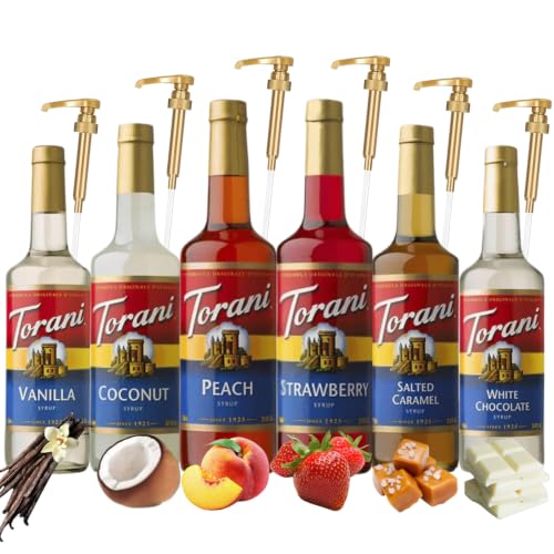 Torani Syrup Variety Pack | Café & Soda Mix – Vanilla, Strawberry & More | Includes 6 pumps. 3 café + 3 soda flavors: Vanilla, Salted Caramel, White Chocolate, Strawberry, Peach & Coconut. - image 1