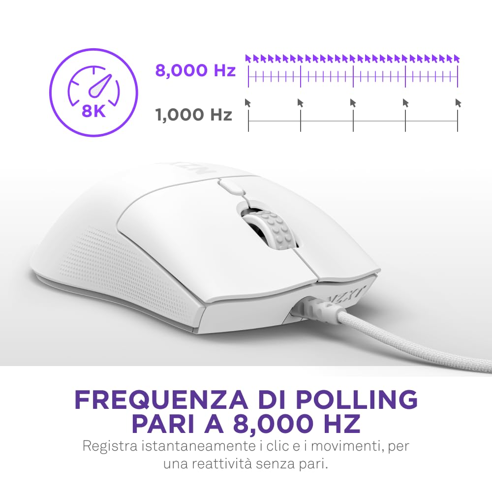 NZXT Lift 2 Symm | Mouse gaming con cavo simmetrico leggero | Design leggero 58 g | Polling rate 8K | Switch ottici | Sensore ottico 26K DPI | Piedini 100% PTFE | Bianco