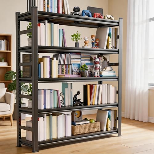 Metal Bookshelf with Sides,Adjustable 72" Tall Industrial Bookcase,5 Tier Heavy Duty Shelving Unit,2000LBS Book Storage Shelves,Wide Book Shelf for Bedroom,Living Room,Home,Office,72H×36W×16D,Black
