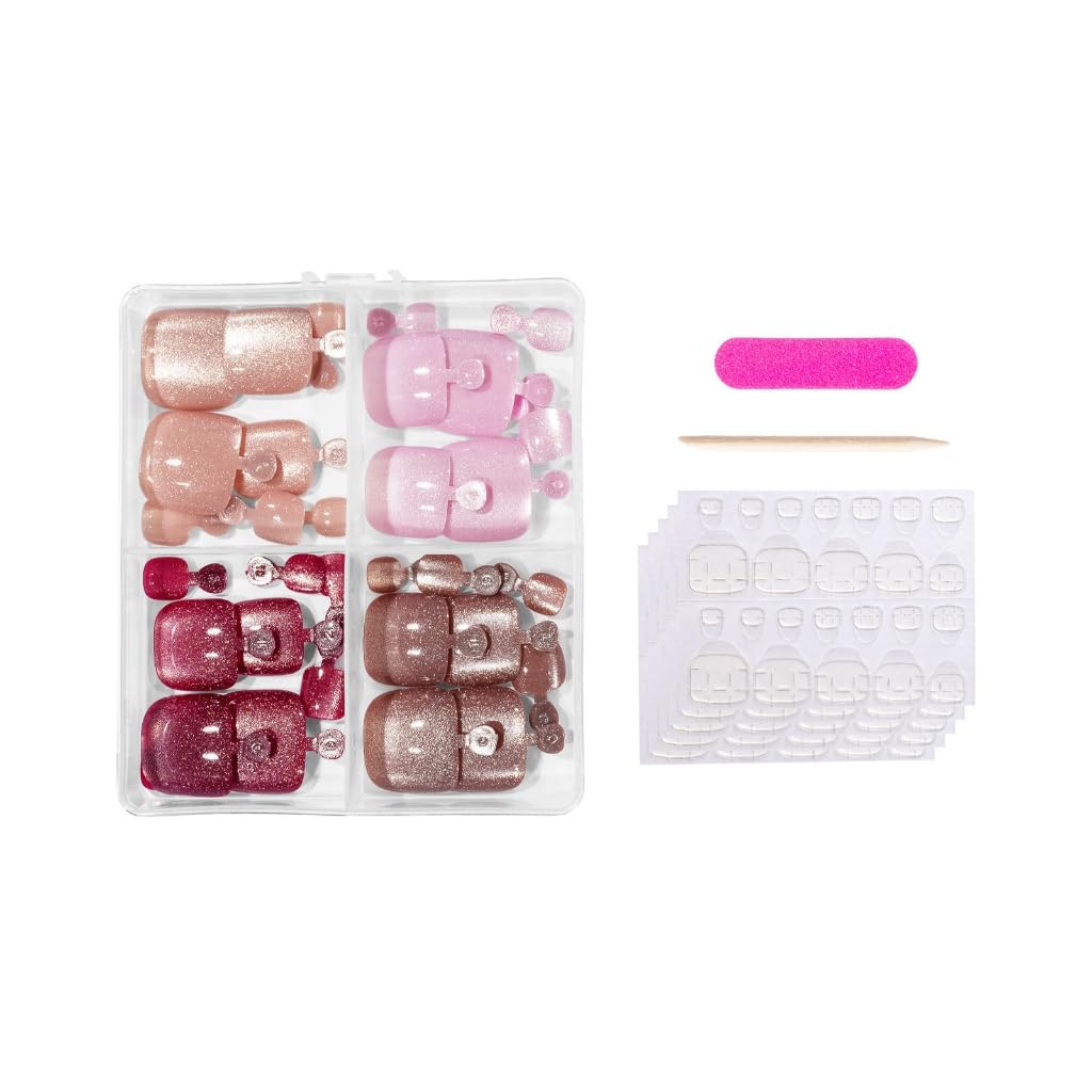 Press On Toenail Cats Eye Fake Toenails Short Square False Nails with Design Full Covers Acrylic Stick On Toenail 96Pcs