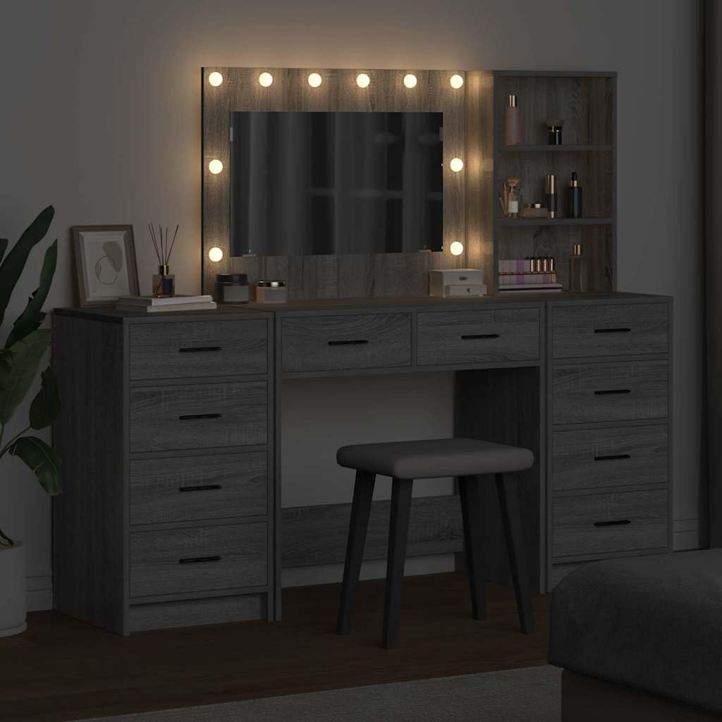 vidaXL Schminktisch 3 STK. Sonoma-Grau 78,5 x 41 x 135 cm | Geräumiges Design für organisierte Essentials, LED-Vanity-Lichter für perfektes Make-up,