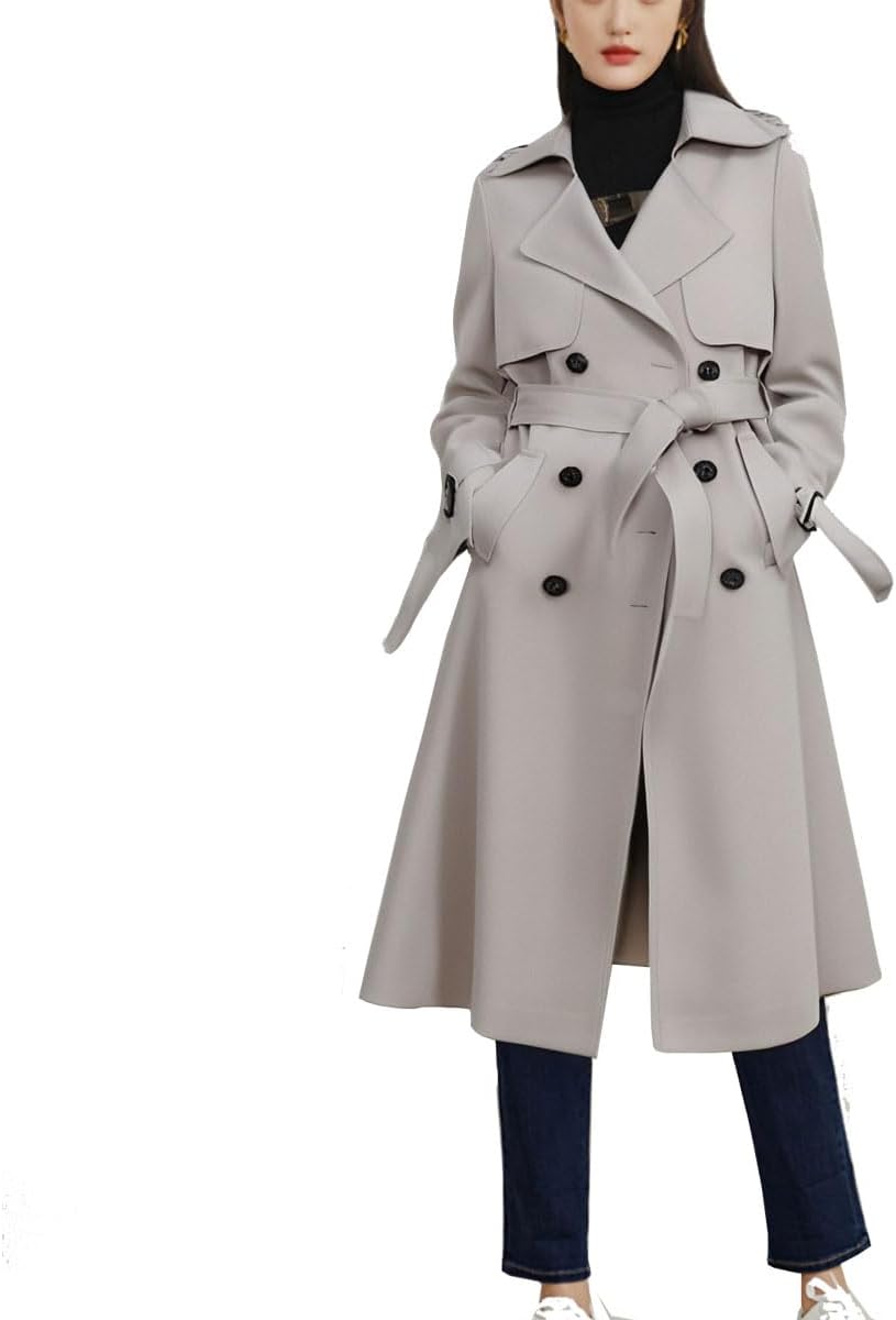Women's Double Breasted Trench Coat Long Dress Jacket Classic Mid-Length Belted Lapel Overcoat