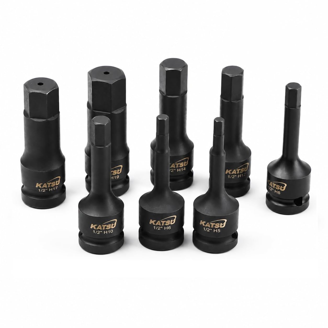 Katsu Tools Black Katsu 1/2 Inch Drive Hex Allen Deep Impact Socket Set 8Pcs 5-19Mm Heavy Duty Metric Socket Bits, High Grade Chrome-Moly Steel, Automotive Trucks Tractors Engines Repairing Tool 420410