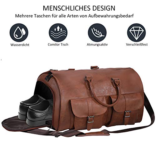 Carry On Garment Bag, Waterproof Mens Garment Bag for Travel Business, Large Leather Duffel Bag with Shoe Compartment -Brown