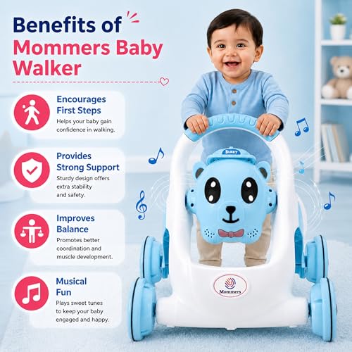 Image of Mommers Baby Walker Musical Push Support Toddler Blue Wheels & Handle, Cute Design Activity Walker, Balanced Wheels, Indoor Play