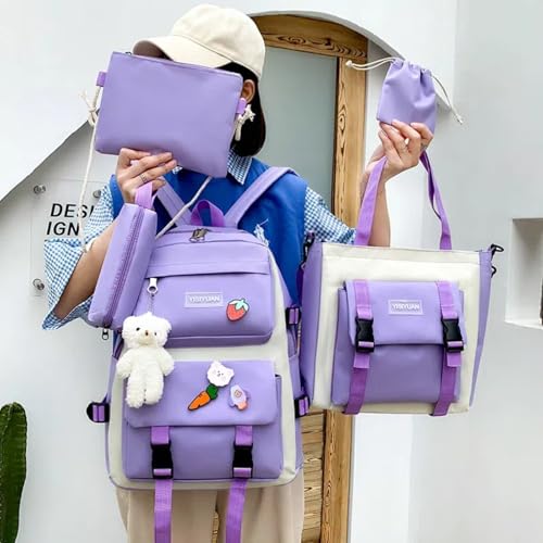 Trendy Purple 5-Piece School Backpack Set Featuring DIY Patches (Uses "trendy" for fashion appeal and specifies "patches" as common DIY elements.)2