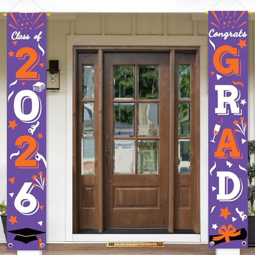 Image of Graduation Porch Banner Class Sign Congrats Grad Hanging Flags High School College University Party Decoration For Front Door Outdoor Purple Orange