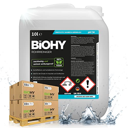 BiOHY Desatascador (50 x Bote de 10 litros) | Líquido, limpiador de desagües altamente concentrado | Inodoro, Para todos los bloqueos | EXTRA FUERTE (Rohrreiniger)