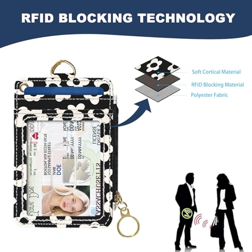 Image of Slim Wallet Credit Card Holder, Black and White Flowers, RFID Wallet Women Cute Small Front Pocket Wallet With Zipper, PU Leather Thin travel RFID Blocking Card Case ID Window,Ladies Gifts