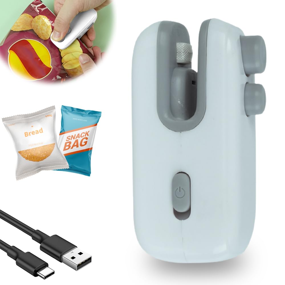 Coloday Mini Bag Sealer, 4 in 1 Bag Cutter and Sealer, USB Rechargeable, Portable, Blue