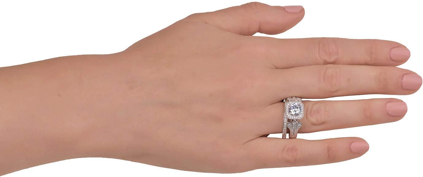 AVORA 925 Sterling Silver 0.84 Carat Simulated Diamond CZ Vintage-Style Engagement Wedding Band Duo Ring Set