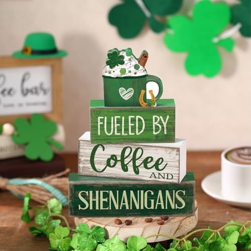 Image of Moucuny 4 Pcs St Patricks Day Table Decoration Wooden Green Ice Cream Cup St. Patrick's Day Tiered Tray Decor Irish Centerpiece Green and White Happy St Patricks Coffee Bar Decor for Home Kitchen