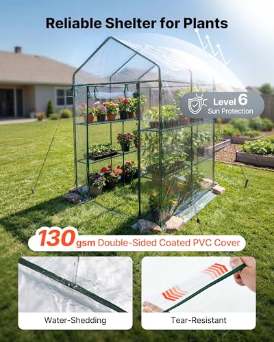 Image of VEVOR Walk-in Greenhouse, 54 inch x 54 inch x 77.2 inch Greenhouse for Outdoors with PVC Cover, 2 Tiers 10 Shelves, Roll-Up Zipper Door, Walk in Green House, Portable Plant Garden Hot House for Backyard Outside