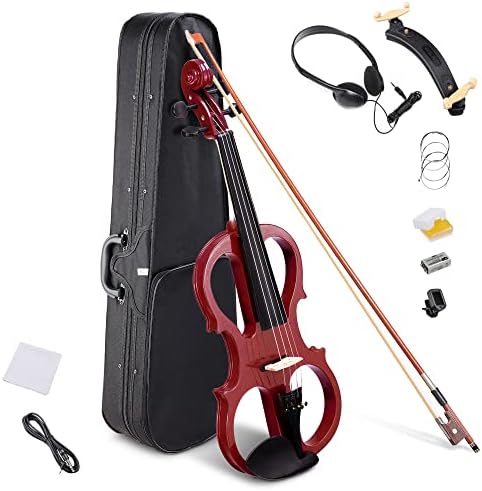 AW 4/4 Electric Violin Full Size Wood Silent Fiddle Stringed Instrument Bow Headphone Case Jujube Red