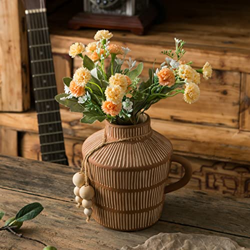 Rustic-Farmhouse-Vase-with-Handle-and-Boho-Wooden-Beads-Vertical-Stripes-Terracotta-Vase-Clay-Vase-Ceramic-Flower-Vase-for-Vintage-Home-Decor-Shelf-Table-Bookshelf-Mantle-Entryway Rustic Farmhouse Vase with Handle and Boho Wooden Beads Vertical Stripes Terracotta Vase Clay Vase Ceramic Flower Vase for Vintage Home Decor Shelf Table Bookshelf Mantle Entryway