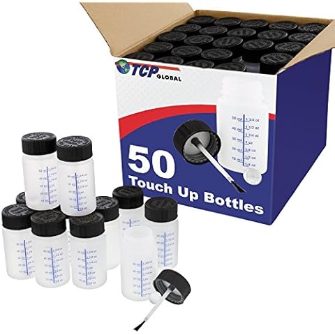 TCP Global Paint Touch Up Bottles with Child Safety Lids (Box of 50) - 2 Ounce (60ml) Fluid Capacity, Mixing Ball, Touch-Up Applicator Brush - Fix Paint Chips, Scratches, Stone Chips, Auto Car Damage Cover