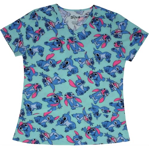 Disney Lilo & Stitch Women's Medical Scrub Top - All Over Print, Short Sleeve V-Neck Novelty Uniform Top for Ladies (Turquoise, Size Large)