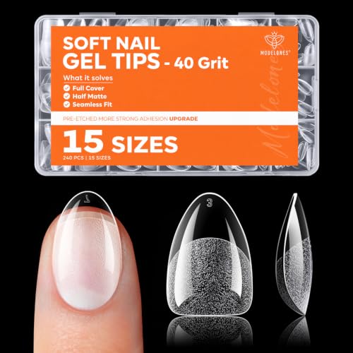 Image of Modelones Extra Short Almond Nail Tips 240PCS Soft Gel Nail Tips Full Cover Pre-Shaped Half Matte Clear Nail Extension Tips Press On Nails for DIY Manicure Salon Use 15 Sizes
