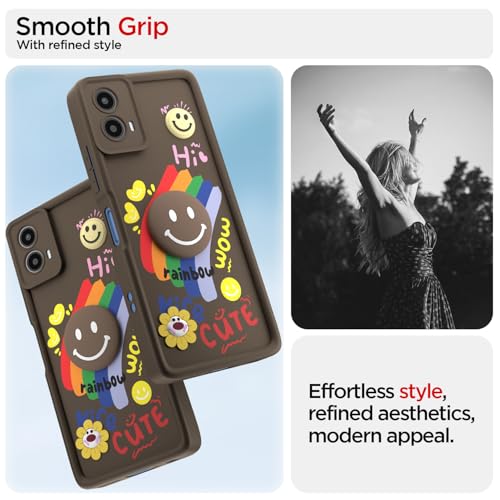 Image of Pikkme Back Cover for Motorola Moto G34 5G / G45 5G | Soft Silicone| Cute Rainbow Smile & 3D Cartoon Flower Design | Shockproof Raised Camera Protection Bumper Case (Brown)
