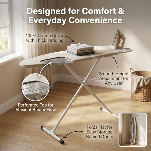Beige T-Leg Ironing Board with Cotton Cover, 53" x 14" Ironing Board Foldable,Height Adjustable,Home Use - Thumbnail 3