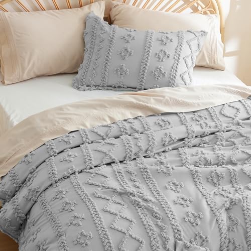 Bedsure Tufted Boho Comforter Set Twin Size - Light Grey Boho Bed Set, GentleSoft™ 2 Pieces Farmhouse Shabby Chic Embroidery Bedding, Gifts for Woman, Soft Jacquard Twin Comforter for All Seasons