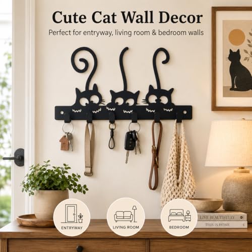 Image of Key Holder for Home Decor Stylish, Metal Cat Wall Mount with 6 Rustproof Hooks, Key Hanger for Wall, Matte Black Keys Stand, Decorative Home Organizer