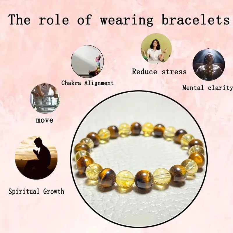 Image of Natural Tiger Eye and Citrine Crystal Beaded Bracelet, 8mm Gemstone Beads, Brown and Yellow
