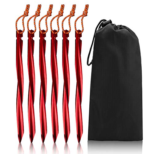 VANWALK 7001 Aluminum Tent Stakes - 6 Pack Cyclone Tent Pegs with Reflective Pull Cords + Drawstring Bag