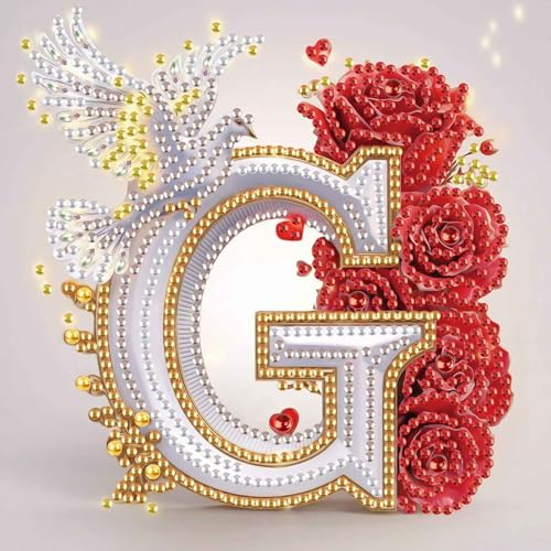 Image of AiYuanzsh 5D Diamond Art Kits for Adults Letter G, Golden Alphabet Rose & Dove Special Shape Diamond Painting, Floral Diamond Art for DIY Crystal Rhinestones Home Wall Decoration 17x17cm