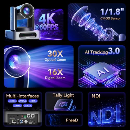 Image of Tenveo 4K 60FPS NDI PTZ Camera, AI Auto Tracking 3.0, 30X Zoom 1 /1.8 UHD CMOS 8.42MP, SDI /HDMI /USB3.0 /LAN(PoE) Live Streaming with Tally Light, FreeD Support, for Video Production Large Live Events