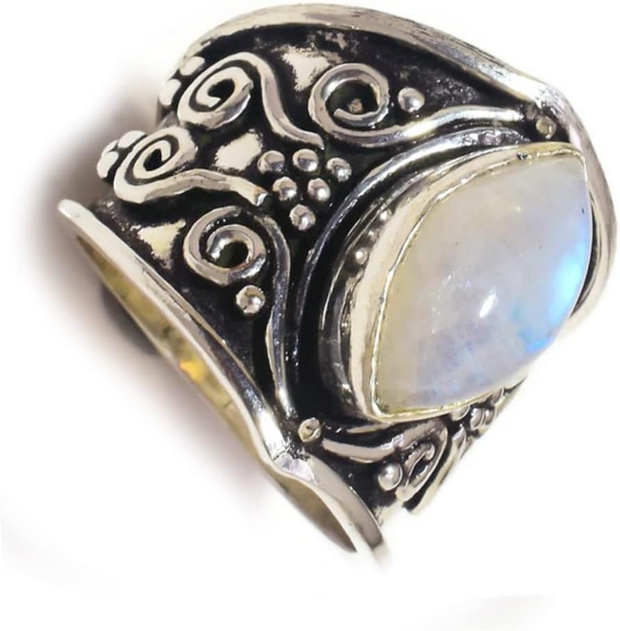 Blue Fire Moonstone Marquise Gemstone Antique Handmade Engraved Oxidised Turkish Rings (US-6.5) Jewelry, White Stone Rings