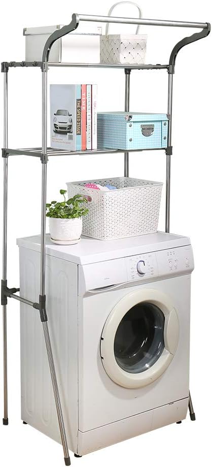 Hershii Over Washing Machine Storage Rack Bathroom Space Saver 2-Tier Standing Laundry Shelf Unit Above the Toilet Floor Organzier with Clothes Hanging Rod - Grey