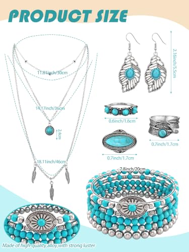Image of Ecally Bohemian Western Jewelry Turquoise Set Women Country Pendant Long Choker Layered Bracelets Earrings Ring for Women