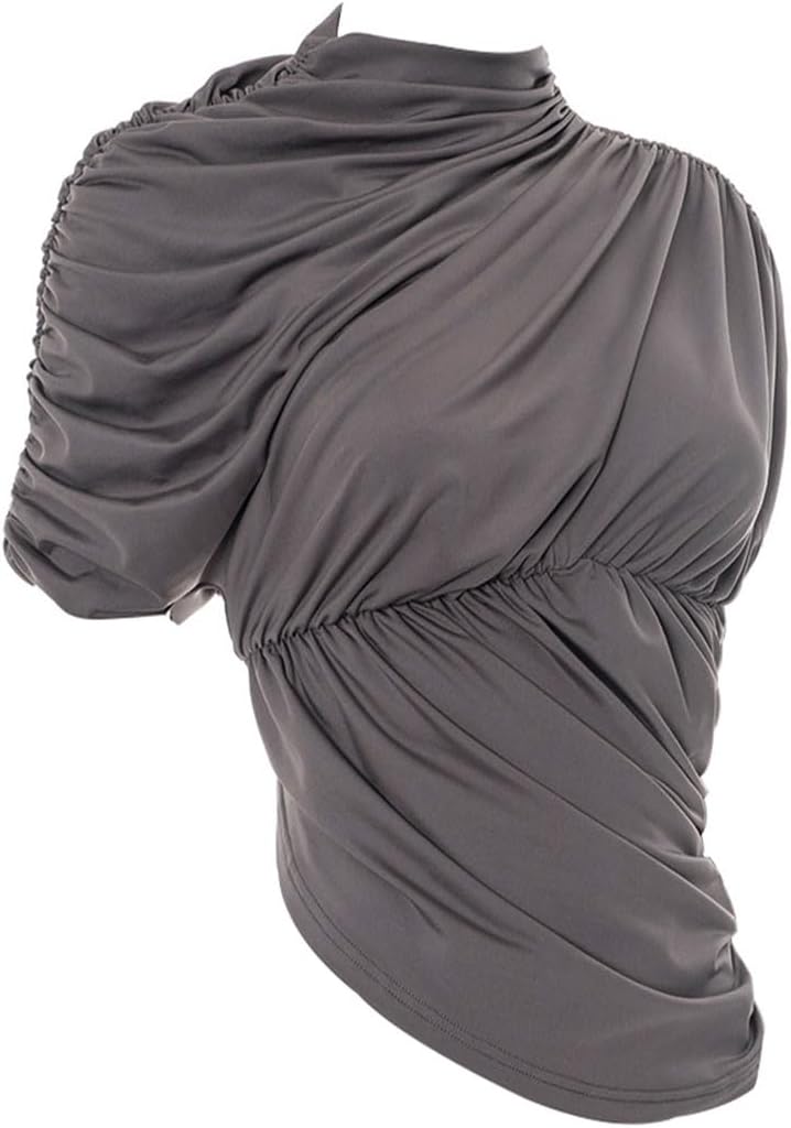 Ruched Mock Neck Tank Crop Tops for Women Ruffle Short Sleeve Wrap Twisted Turtleneck Asymmetrical Blouses Cami T-Shirt - Image 7