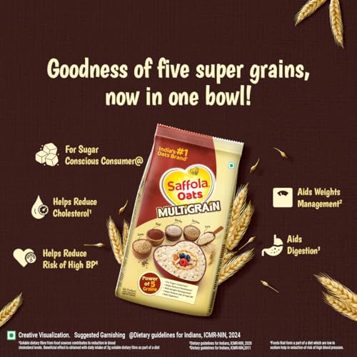 Image of Saffola Oats Multigrain | 480g | 5 Super Grains-Rolled Oats, Ragi, Quinoa, Jowar, Barley | Helps Reduce Cholesterol, Helps Manages Weight, Reduce Risk of High BP, Aids Digestion (Pack of 3)