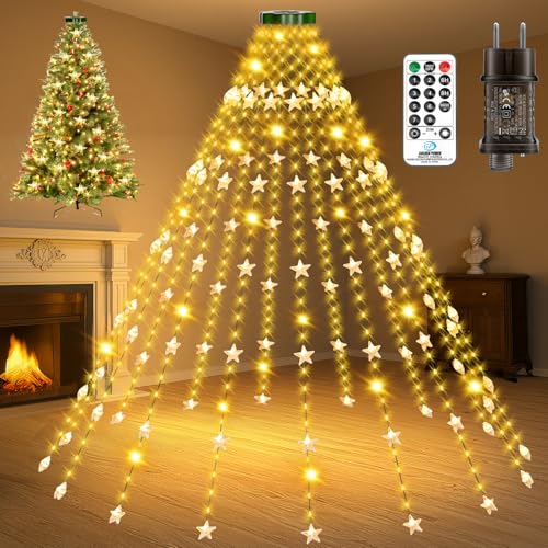 Preisvergleich Produktbild Lichterkette Weihnachtsbaum, 2M 240 LED Christbaumbeleuchtung mit Ring 12 Stränge Lichterkette Sterne, 8 Modi Timer Wasserdicht Lichterkette Innen Außen Weihnachtsbaum für 150cm, 180cm, 210cm, 240cm