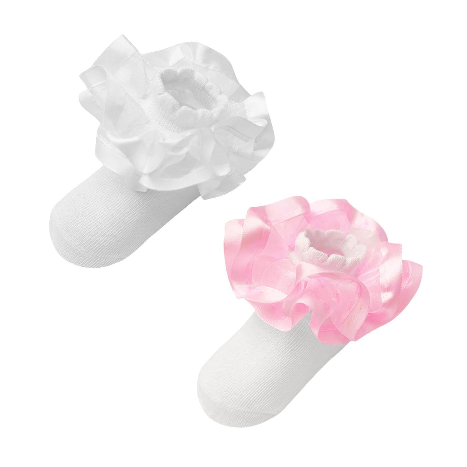 Bmrwtg 2 Pairs Girls Ruffle Lace Cotton Socks,Cute Double Big Lace White Frilly Princess Dress Socks for Toddler Little Girls (US, Age, 1 Year, 3 Years, Standard, White/Pink)