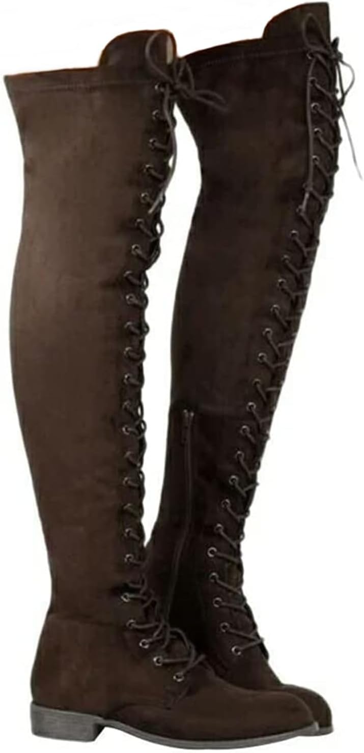 Women's Over The Knee Low Heel Lace Up Tall Boots Winter Suede Combat Riding Thigh High Boots Motorcycle Long Boots