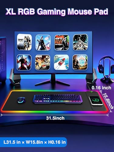 Image of XXL RGB Gaming Mouse Pad with 15W Magnetic Wireless Charger | 31.5'' x 15.8'' Extra Large LED Desk Mat, 24 Light Effects, Non-Slip Rubber Base, Waterproof Easy Gliding Surface
