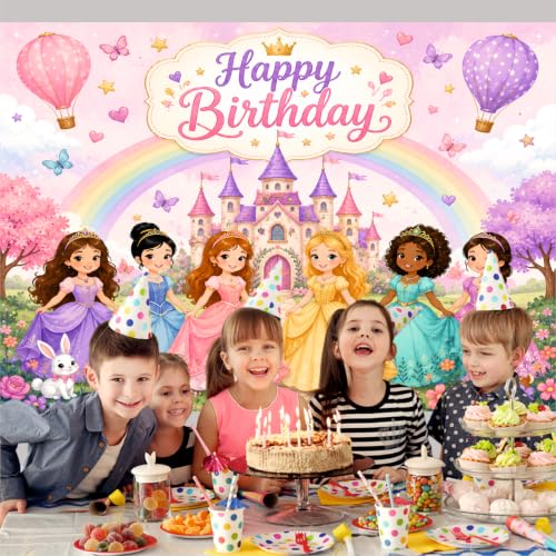 Image of Princess Theme Birthday Backdrop | Royal Castle Happy Birthday Banner | Fairytale Party Decoration | Girls Photo Booth Background (Pack of 1, Size: 5x4 Feet)