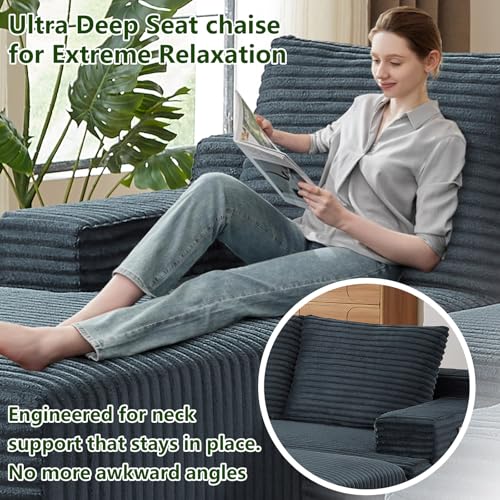 Image of 96 inch Modular Sectional Sofa, Modern Corduroy Cloud Couch, Boneless Couch Upholstered 3-Seater L-Shaped Sofa for Living Room, No Assembly Required (Dark Grey, Left-Facing Chaise)