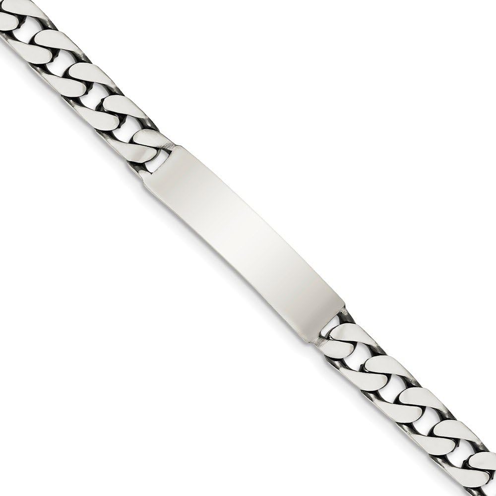 Solid 925 Sterling Silver 7inch Engravable Vintage Antiqued Curb Cuban Link ID Bracelet Engravable Identification Name Bar Tag - with Secure Lobster Lock Clasp 7" (Width = 8mm)