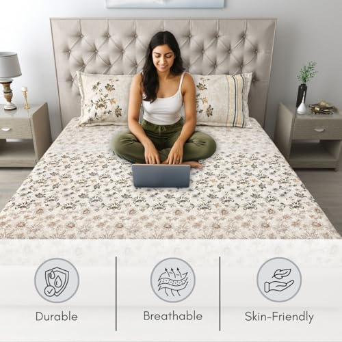 Image of Mafatlal 186 TC Spring Glory Cotton Bedsheet for King Size Bed | 108 x 108 Inches | Summer Lightweight chador for Breathable Sleep | Bedding Set with 2 Pillow Covers | Beige