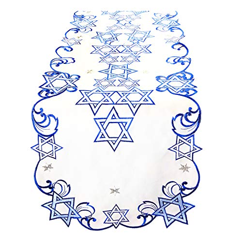 Star of David Jewish Table Runner Topper Embroidered Cutwork Judaica Hanukkah Yom Kippur Shabbat Holiday Centerpiece (16" x 66")