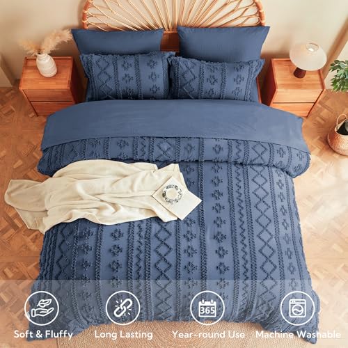 Image of MR&HM Full Size Bed Sheets and Comforter Set Navy Blue, 7 Pieces Tufted Boho Beddding Sets, Farmhouse Style Bed in a Bag with 1 Comforter, 2 Pillow Shams, 2 Pillowcases, 1 Flat Sheet, 1 Fitted Sheet