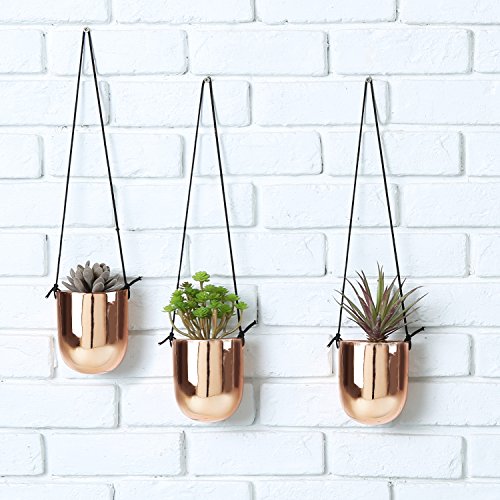 Metallic Copper Ceramic Hanging Planters For Indoor Plants, 4.7 Inch Plant Pots With Rope, Set Of 3 #TOP24